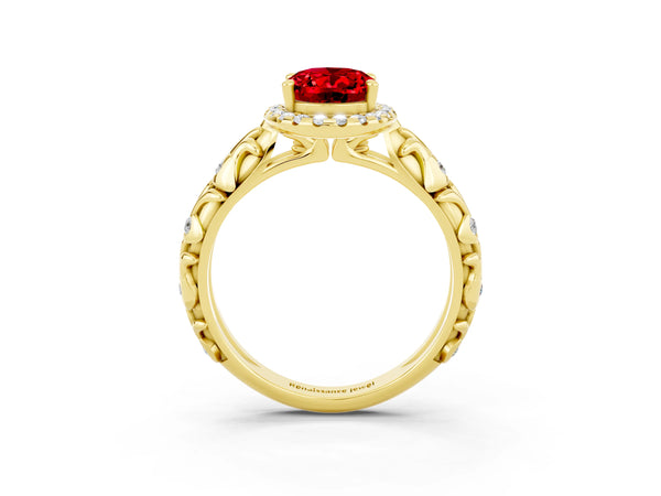 Yellow gold Oval Cut Ruby Halo Ring with Filigree Band and Prong Setting