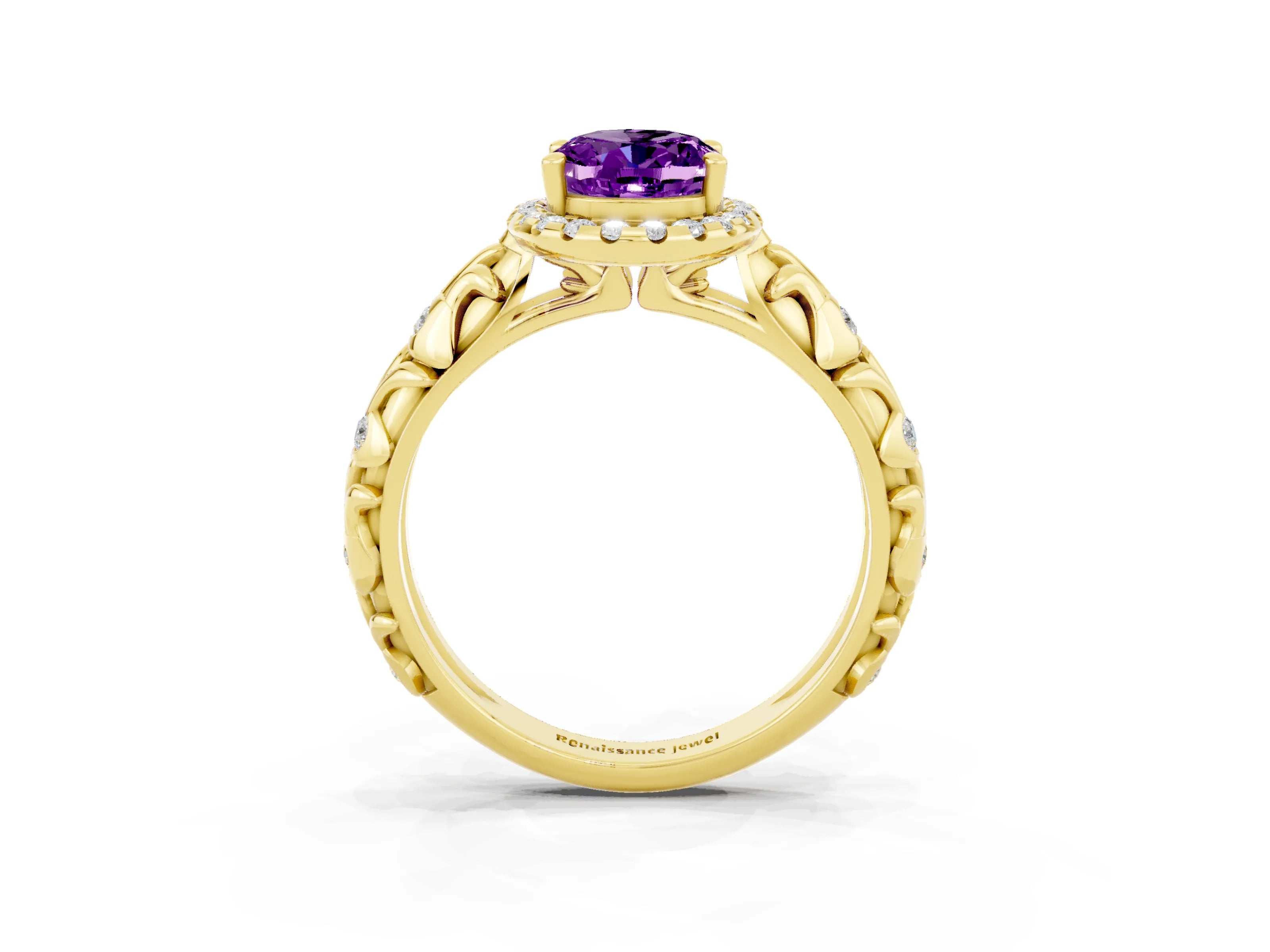 Yellow gold Oval Cut Halo Diamond Solitaire with Filigree Band and Four-Prong Setting_3