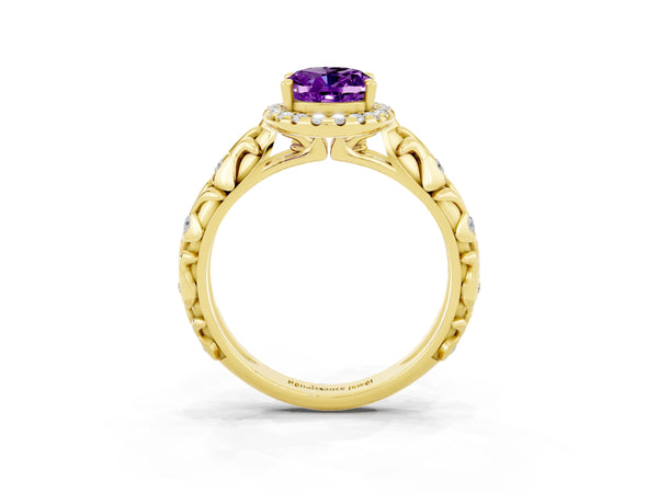 Yellow gold Oval Cut Amethyst Halo Ring with Filigree Band and Prong Setting
