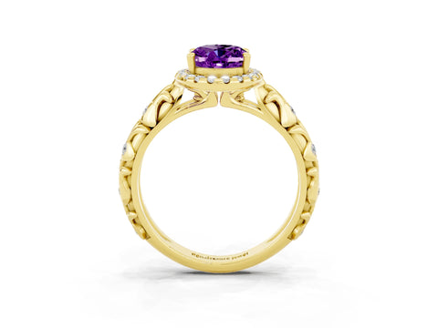 Yellow gold Oval Cut Halo Diamond Solitaire with Filigree Band and Four-Prong Setting_3