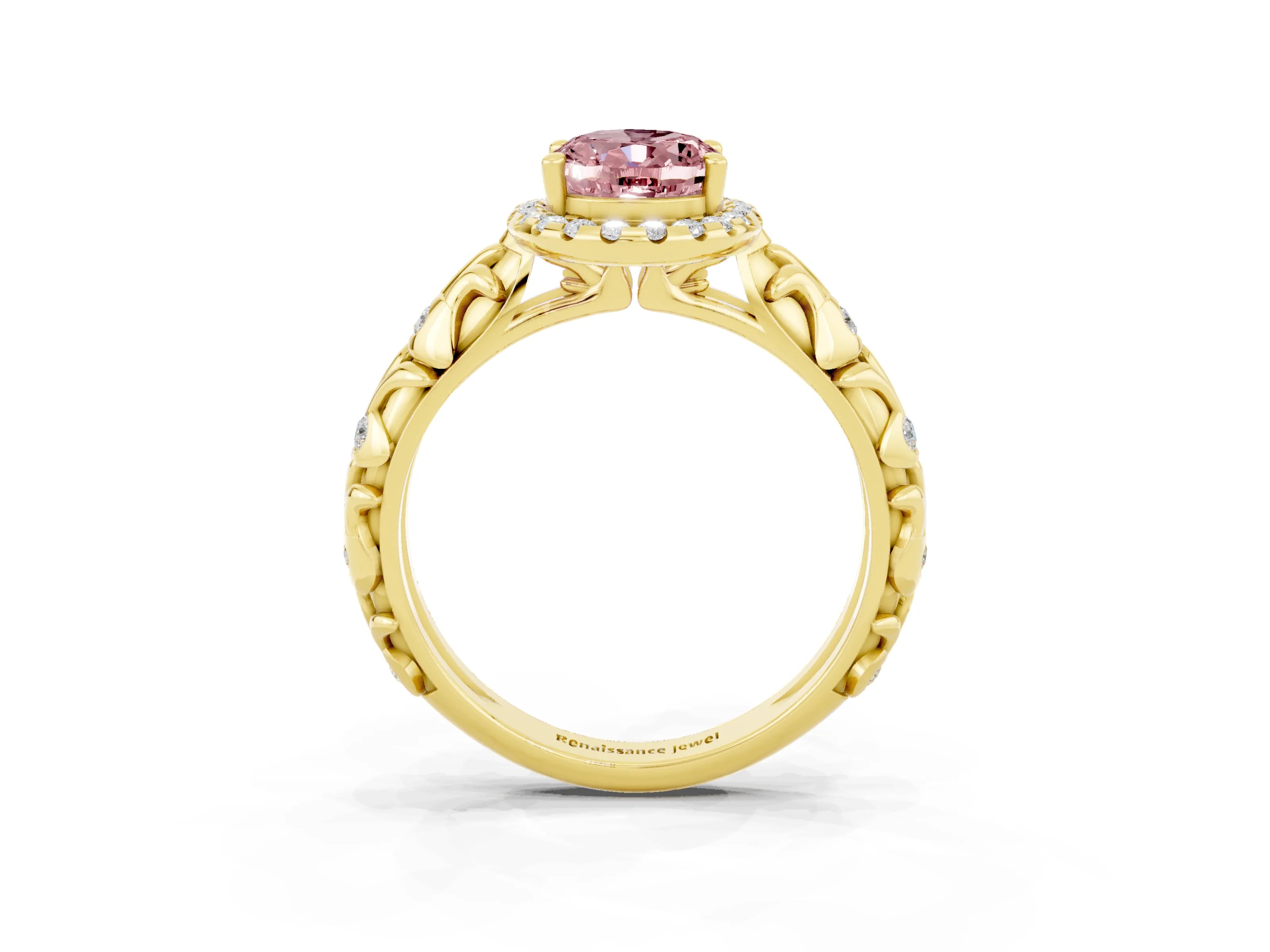 Yellow gold Oval Cut Halo Diamond Solitaire with Filigree Band and Four-Prong Setting_3