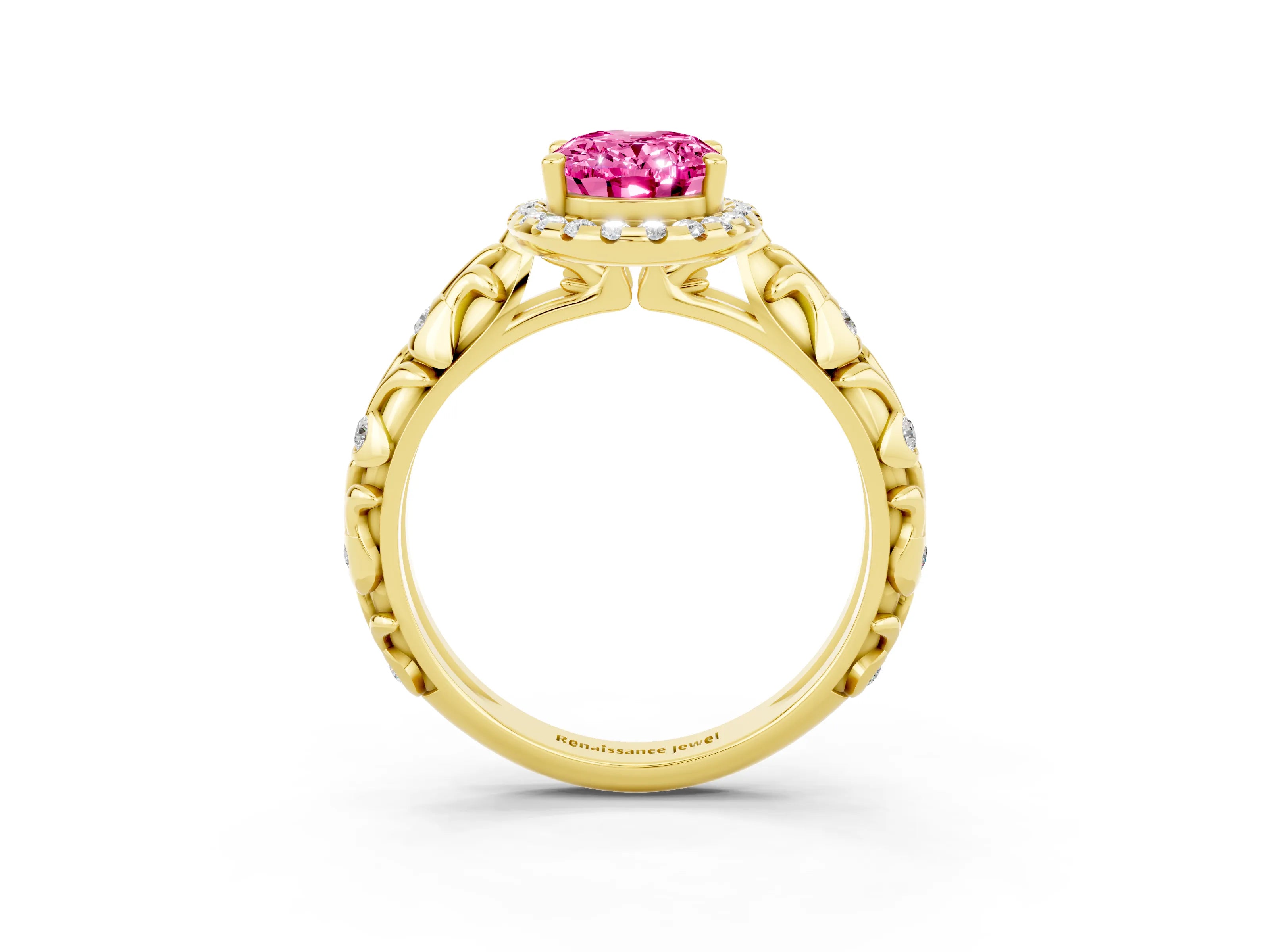 Yellow gold Oval Cut Halo Diamond Solitaire with Filigree Band and Four-Prong Setting_3