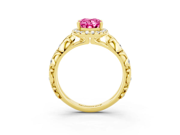 Yellow gold Oval Cut Pink Sapphire Halo Ring with Filigree Band and Prong Setting