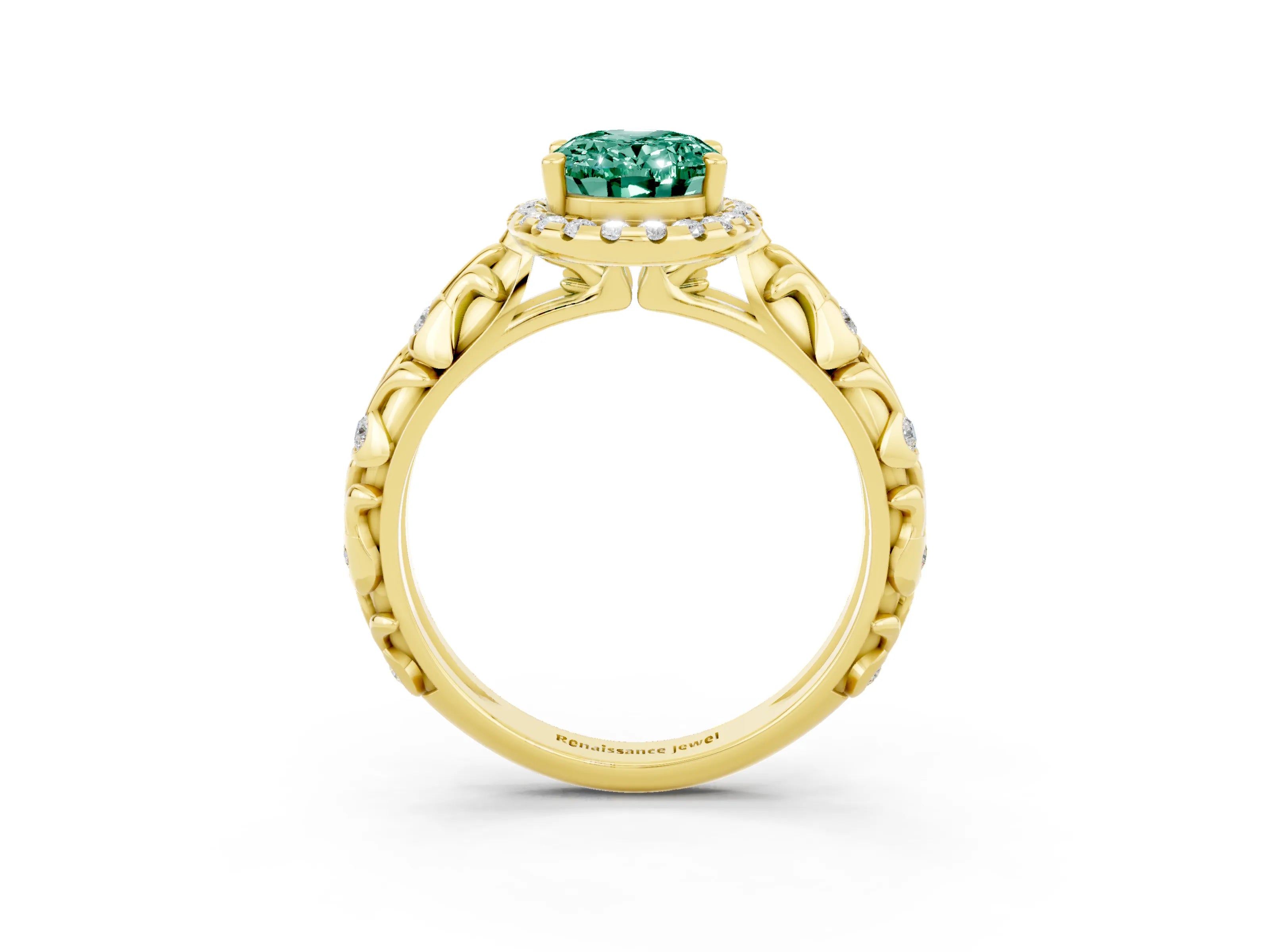 Yellow gold Oval Cut Halo Diamond Solitaire with Filigree Band and Four-Prong Setting_3