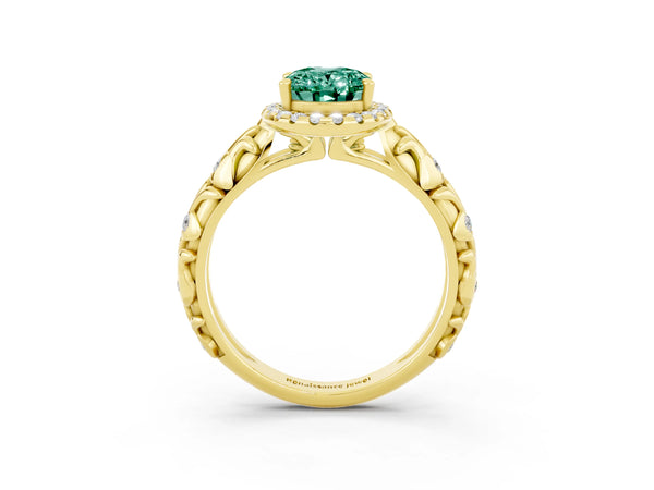 Yellow gold Oval Cut Green Sapphire Halo Ring with Filigree Band and Prong Setting