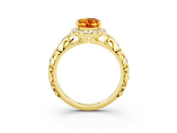 Yellow gold Oval Cut Citrine Halo Ring with Filigree Band and Prong Setting