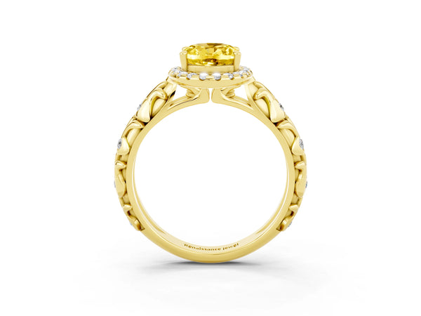 Yellow gold Oval Cut Yellow Sapphire Halo Ring with Filigree Band and Prong Setting