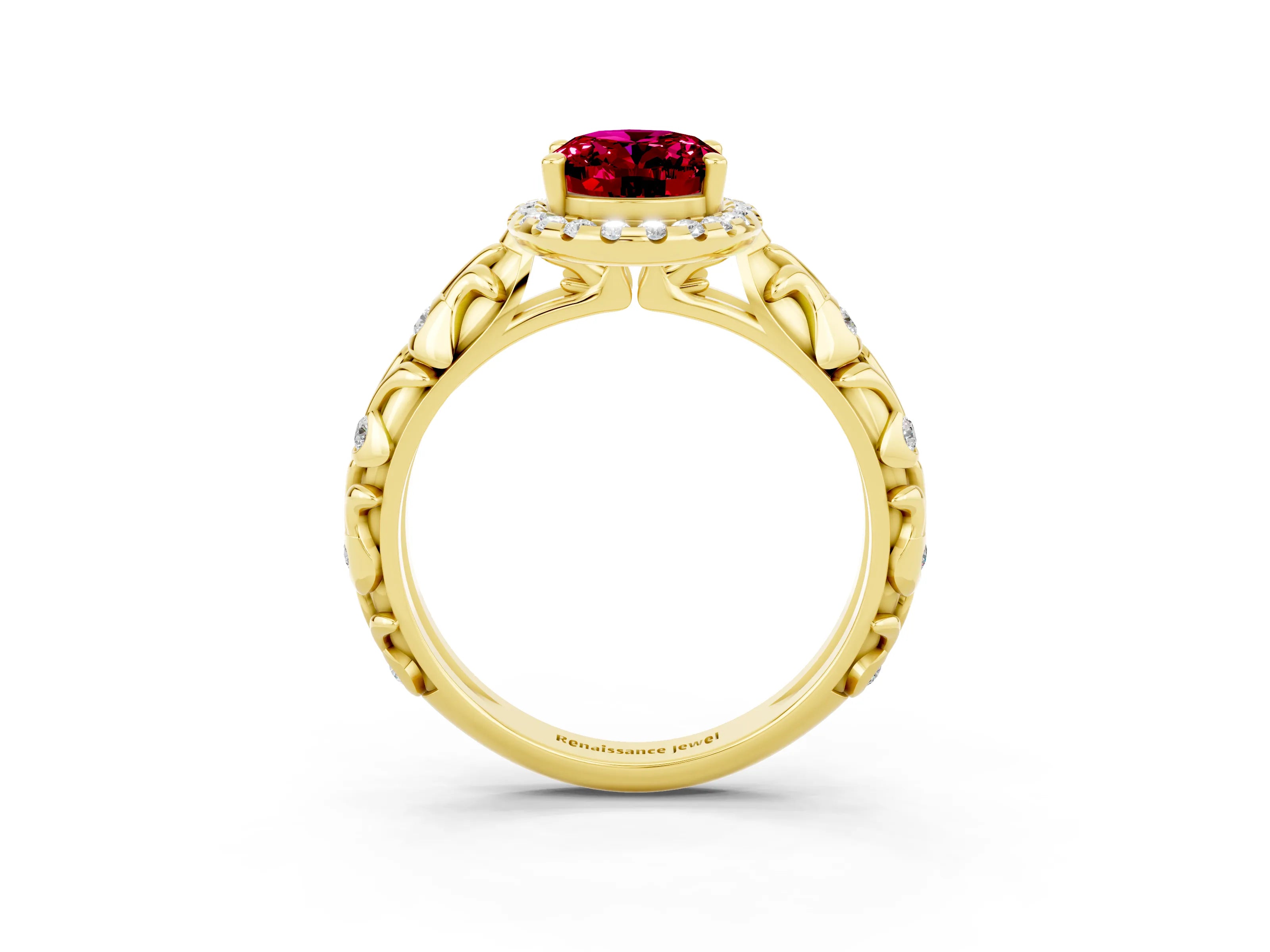 Yellow gold Oval Cut Halo Diamond Solitaire with Filigree Band and Four-Prong Setting_3
