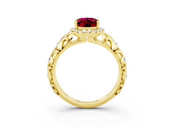 Yellow gold Oval Cut Garnet Halo Ring with Filigree Band and Prong Setting