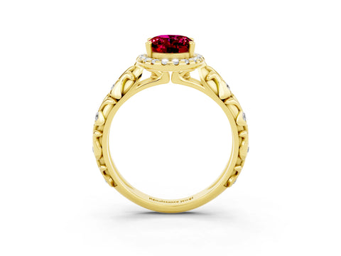 Yellow gold Oval Cut Halo Diamond Solitaire with Filigree Band and Four-Prong Setting_3