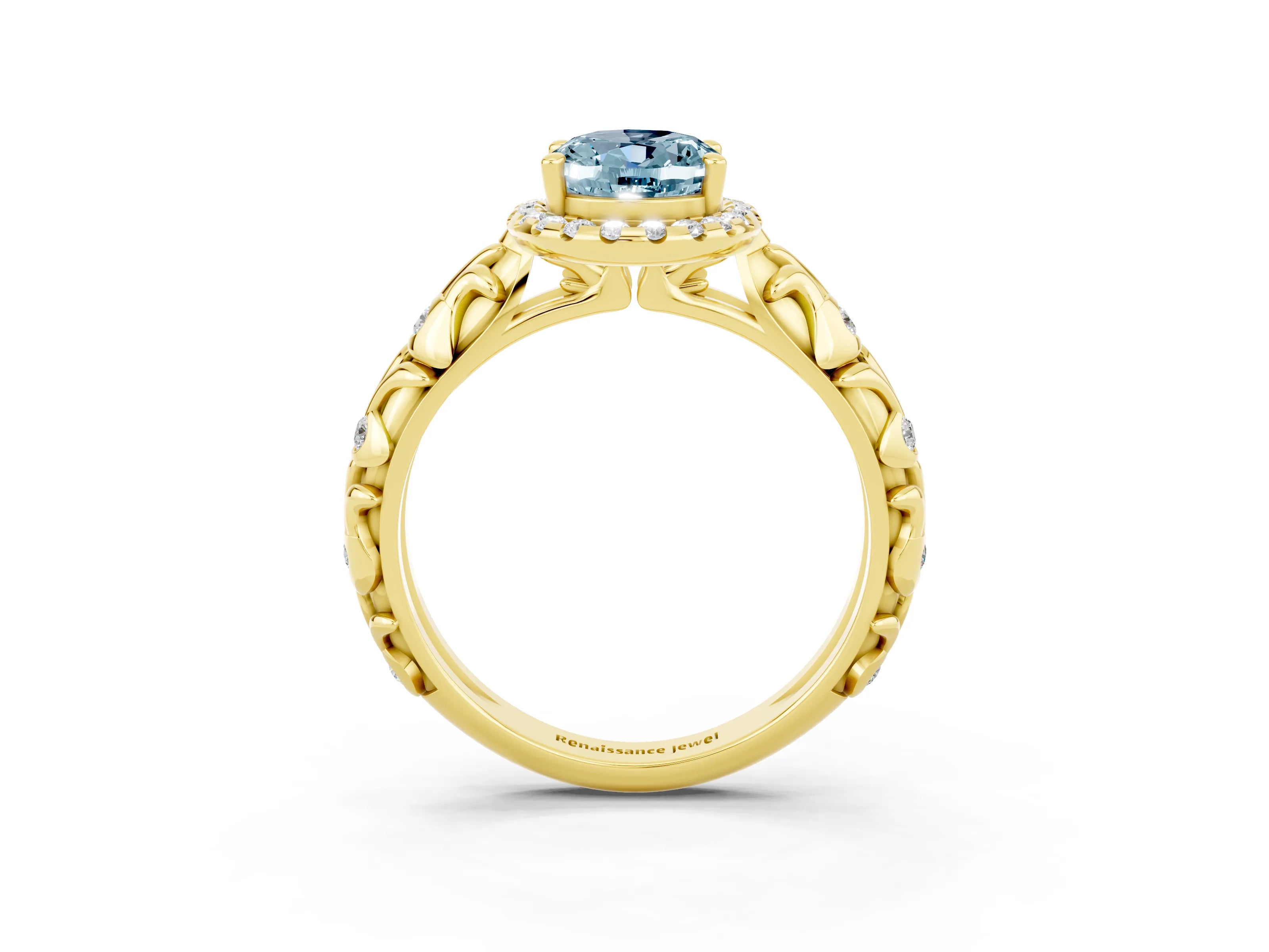Yellow gold Oval Cut Halo Diamond Solitaire with Filigree Band and Four-Prong Setting_3