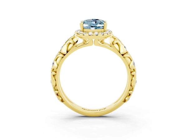 Yellow gold Oval Cut Aquamarine Halo Ring with Filigree Band and Prong Setting