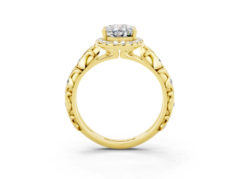 Yellow gold Oval Cut Halo Diamond Solitaire with Filigree Band and Four-Prong Setting_3