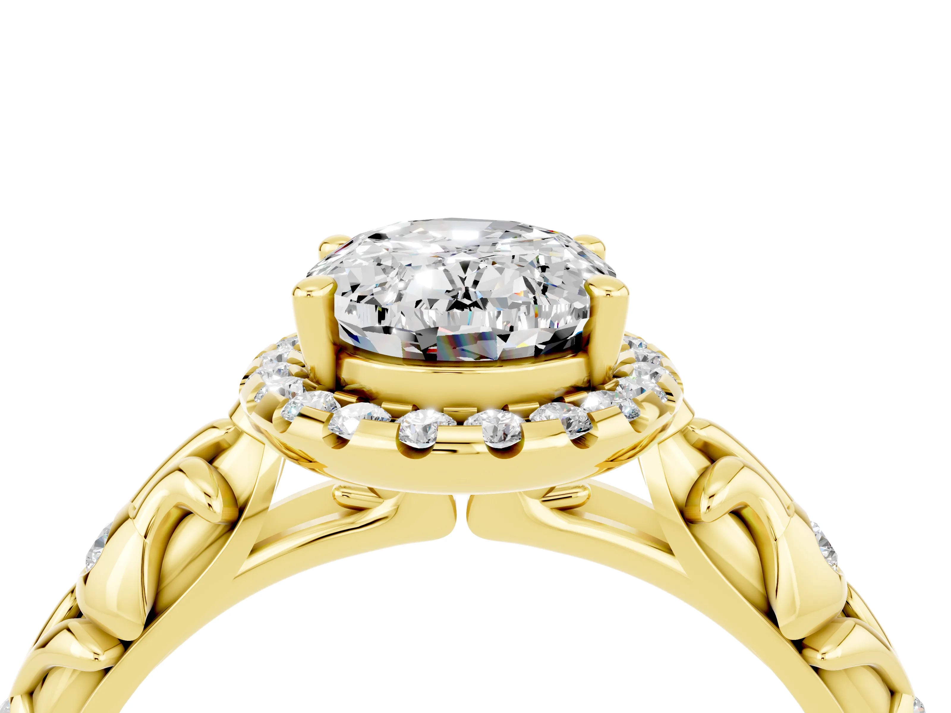 Yellow gold Oval Cut Halo Diamond Solitaire with Filigree Band and Four-Prong Setting_4