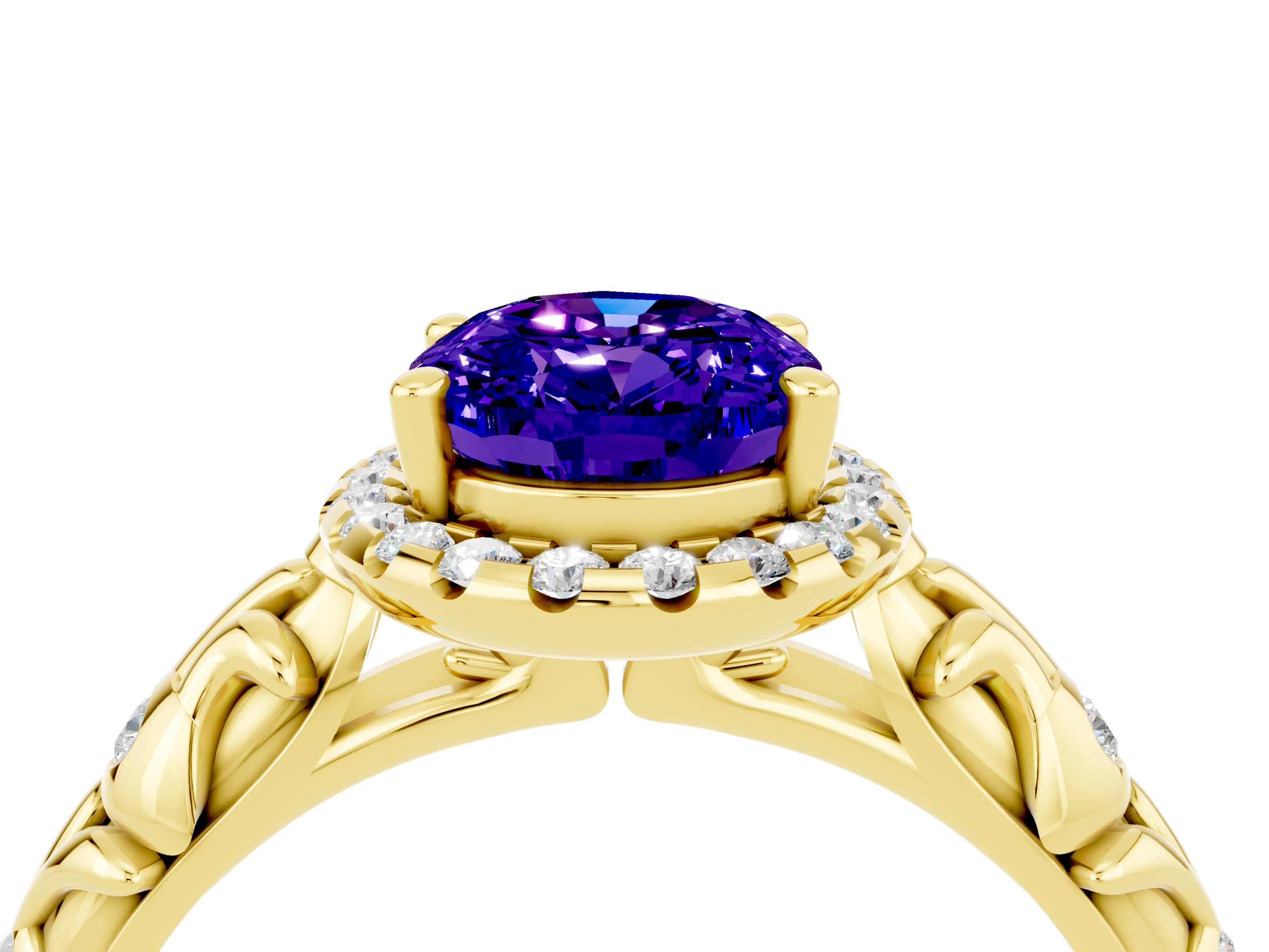 Yellow gold Oval Cut Halo Diamond Solitaire with Filigree Band and Four-Prong Setting_4