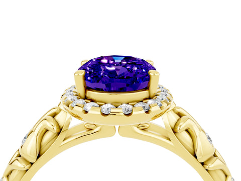 Yellow gold Oval Cut Halo Diamond Solitaire with Filigree Band and Four-Prong Setting_4