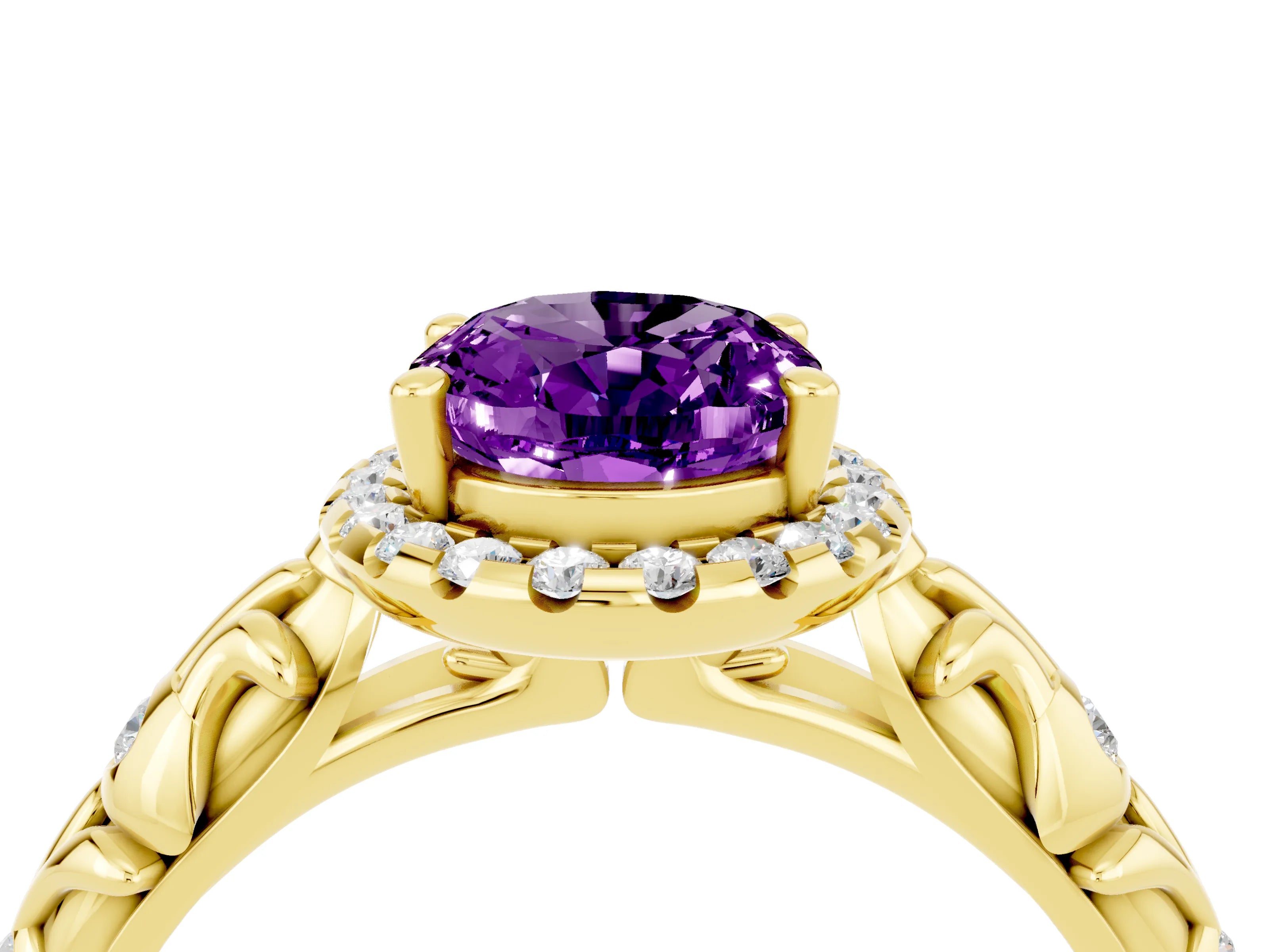 Yellow gold Oval Cut Halo Diamond Solitaire with Filigree Band and Four-Prong Setting_4