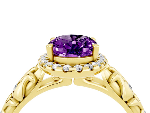 Yellow gold Oval Cut Halo Diamond Solitaire with Filigree Band and Four-Prong Setting_4