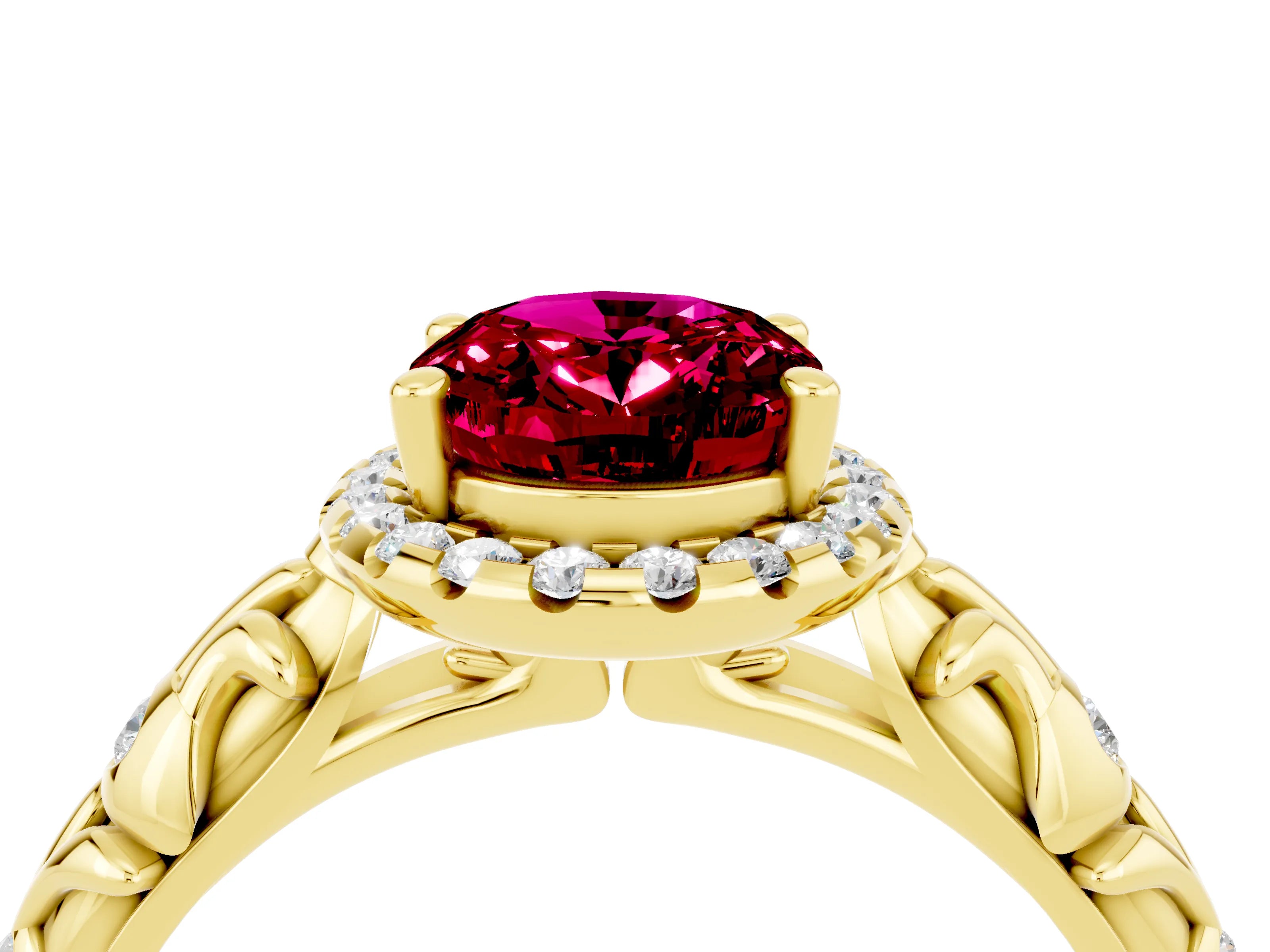 Yellow gold Oval Cut Halo Diamond Solitaire with Filigree Band and Four-Prong Setting_4