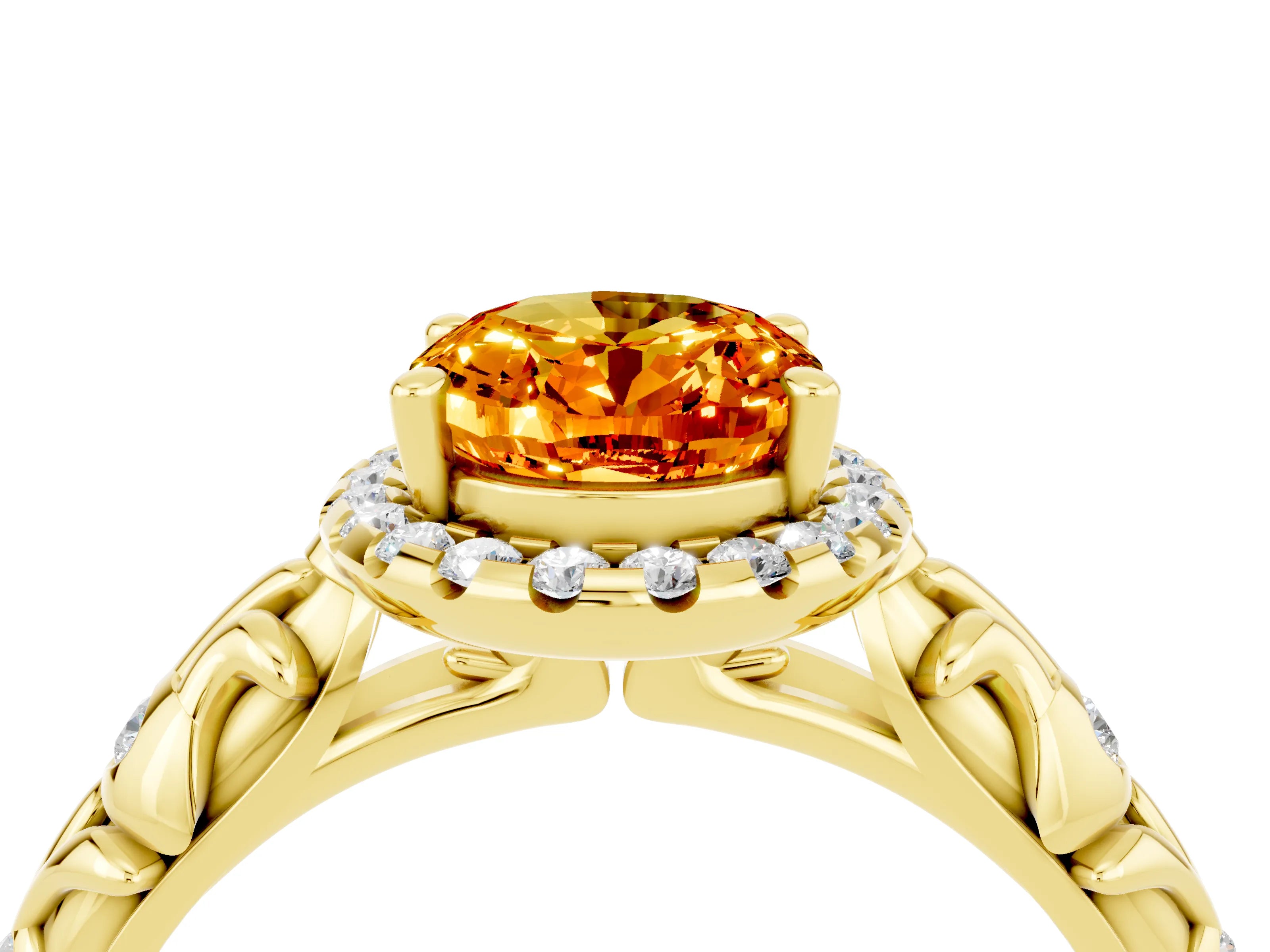 Yellow gold Oval Cut Halo Diamond Solitaire with Filigree Band and Four-Prong Setting_4