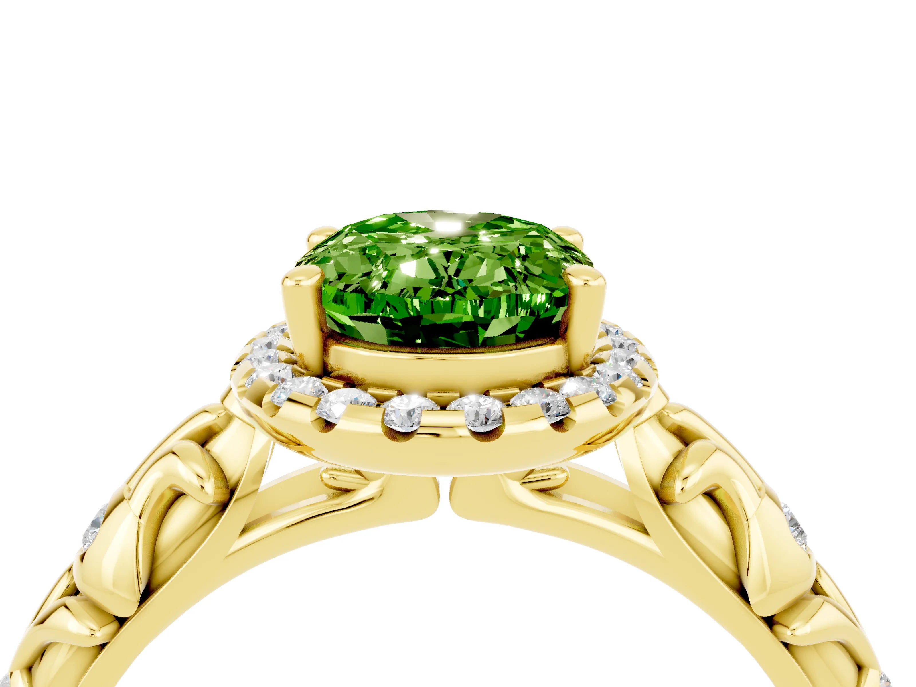 Yellow gold Oval Cut Halo Diamond Solitaire with Filigree Band and Four-Prong Setting_4