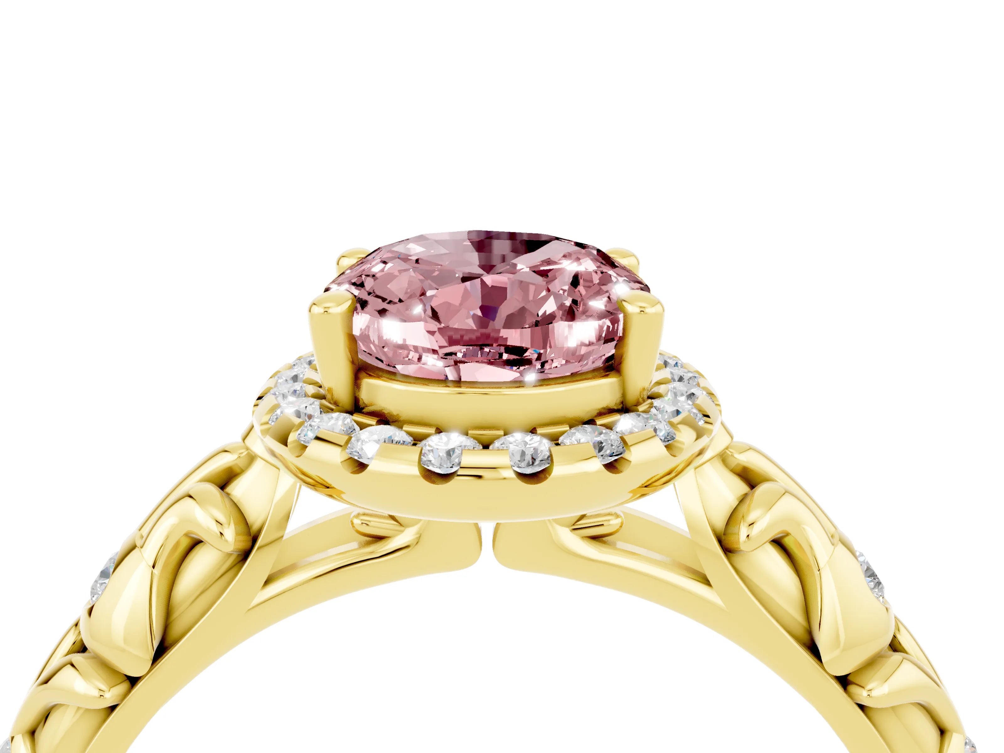 Yellow gold Oval Cut Halo Diamond Solitaire with Filigree Band and Four-Prong Setting_4