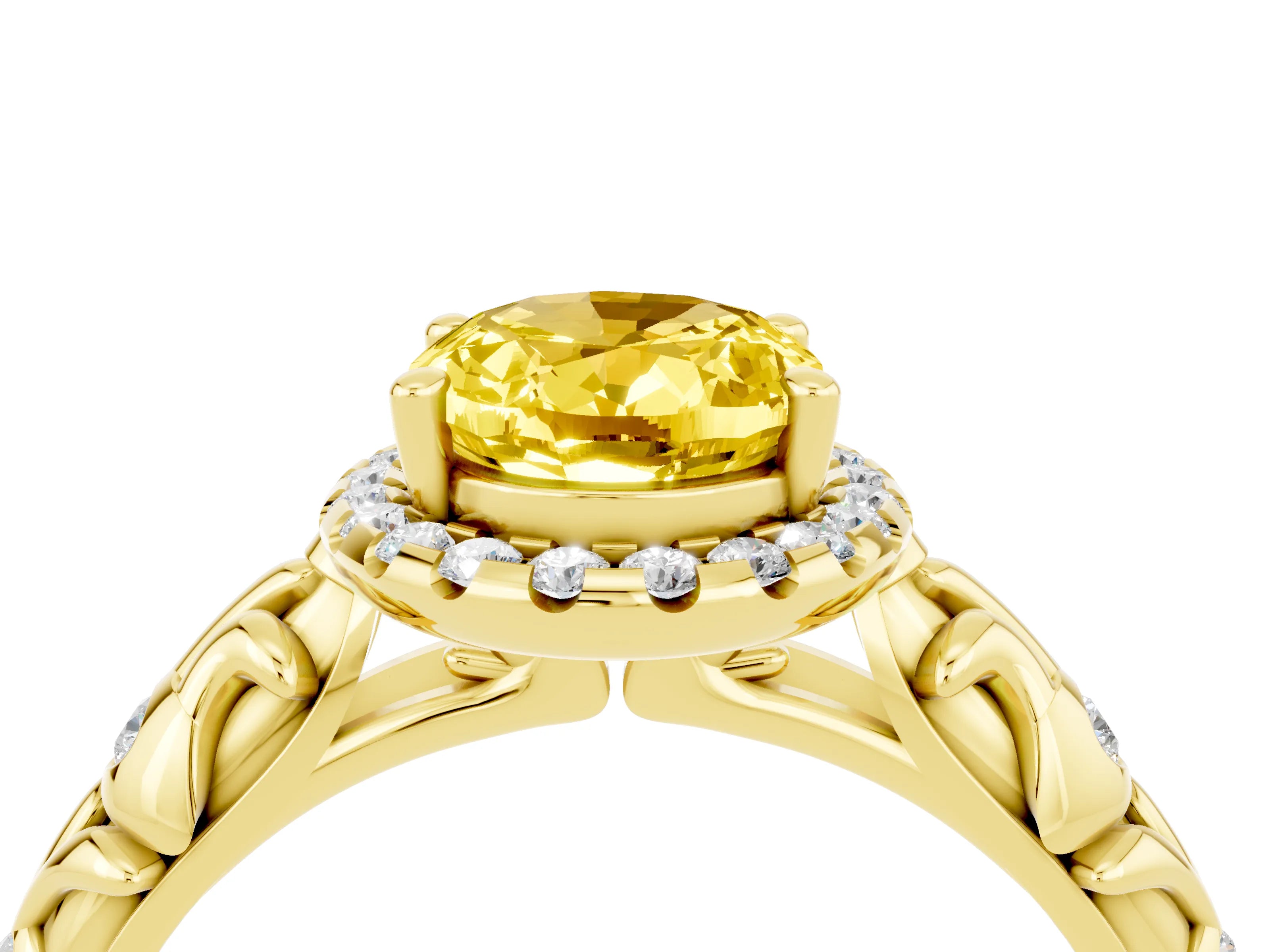 Yellow gold Oval Cut Halo Diamond Solitaire with Filigree Band and Four-Prong Setting_4