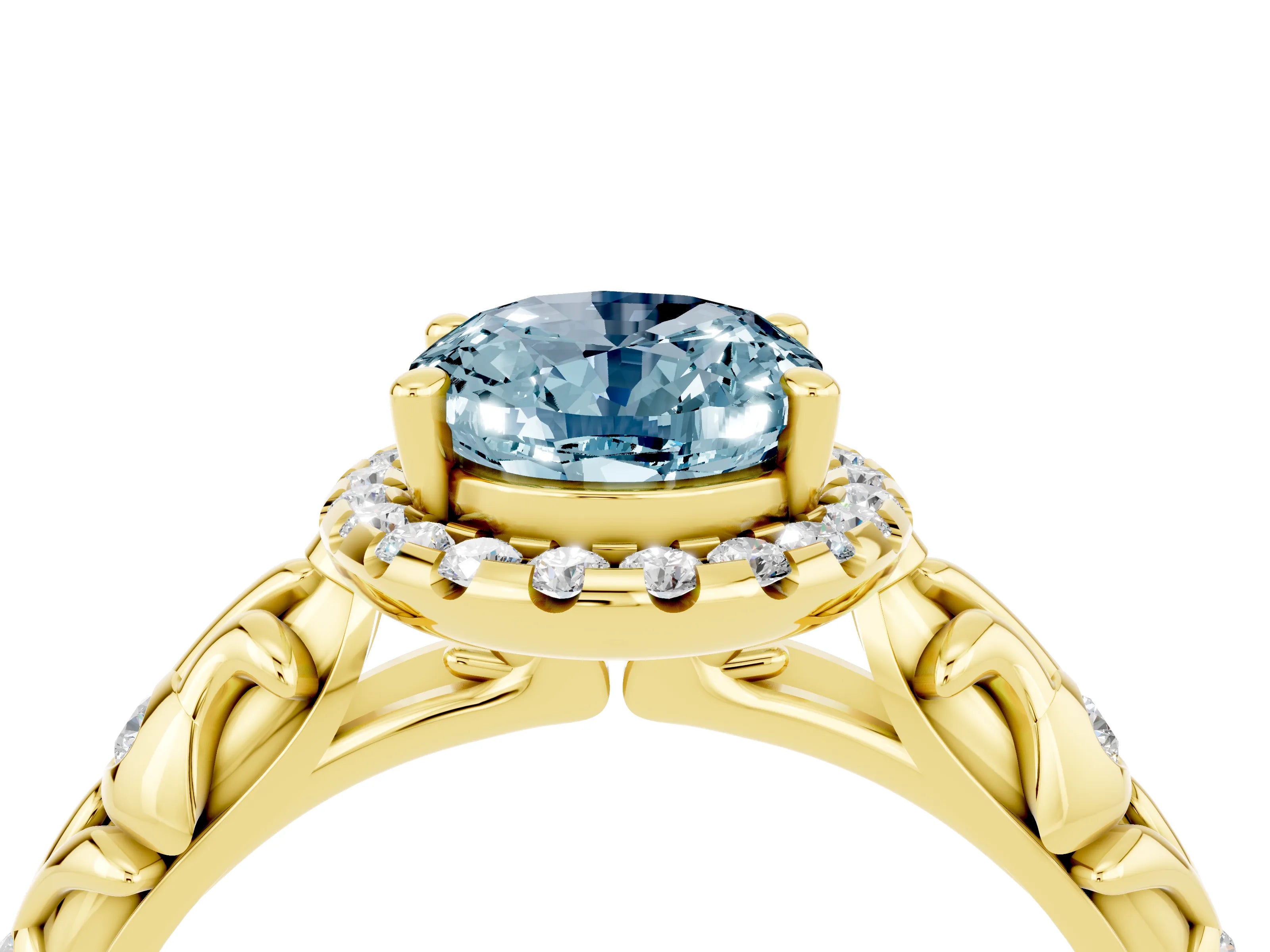 Yellow gold Oval Cut Halo Diamond Solitaire with Filigree Band and Four-Prong Setting_4