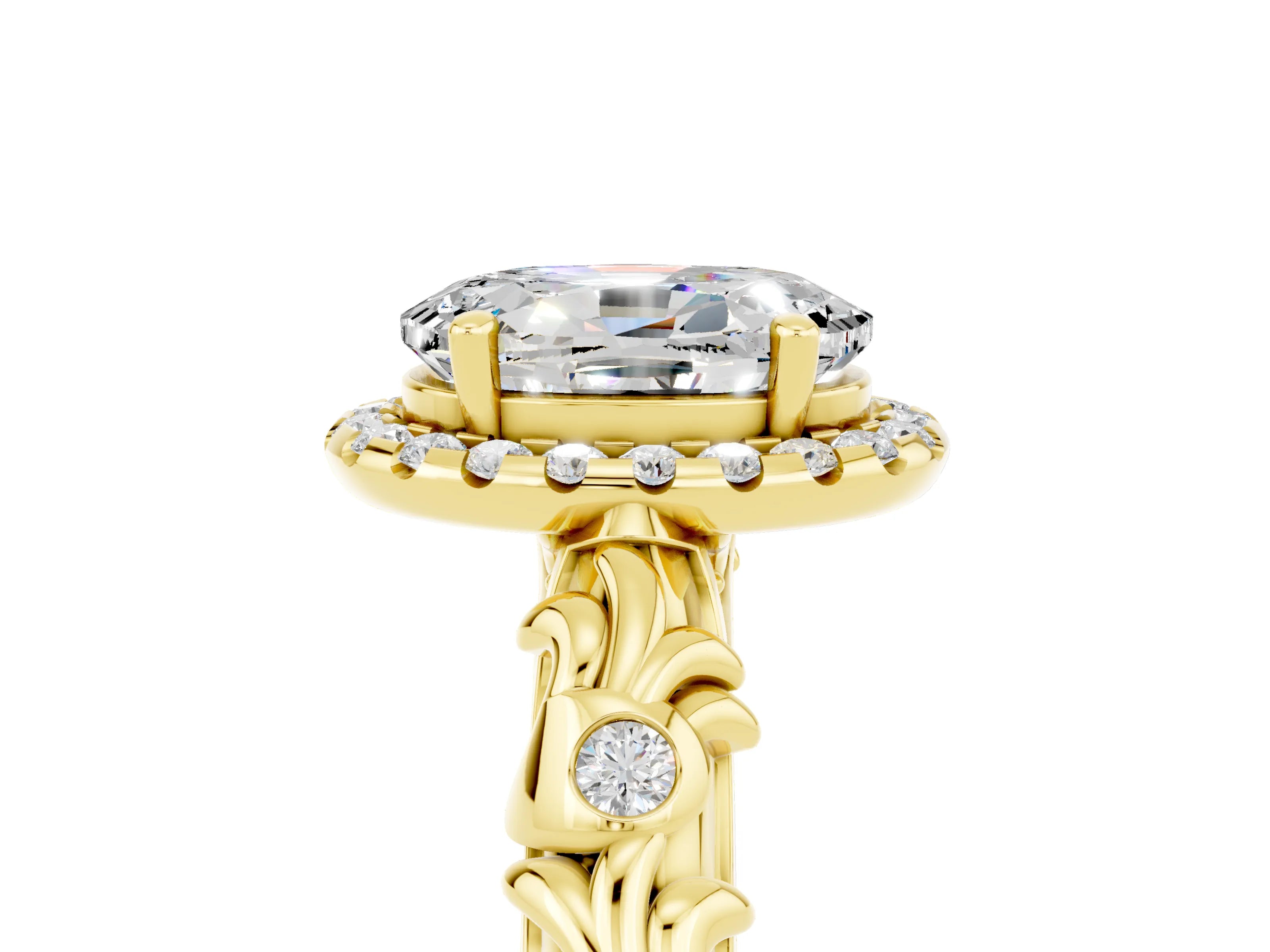 Yellow gold Oval Cut Halo Diamond Solitaire with Filigree Band and Four-Prong Setting_5