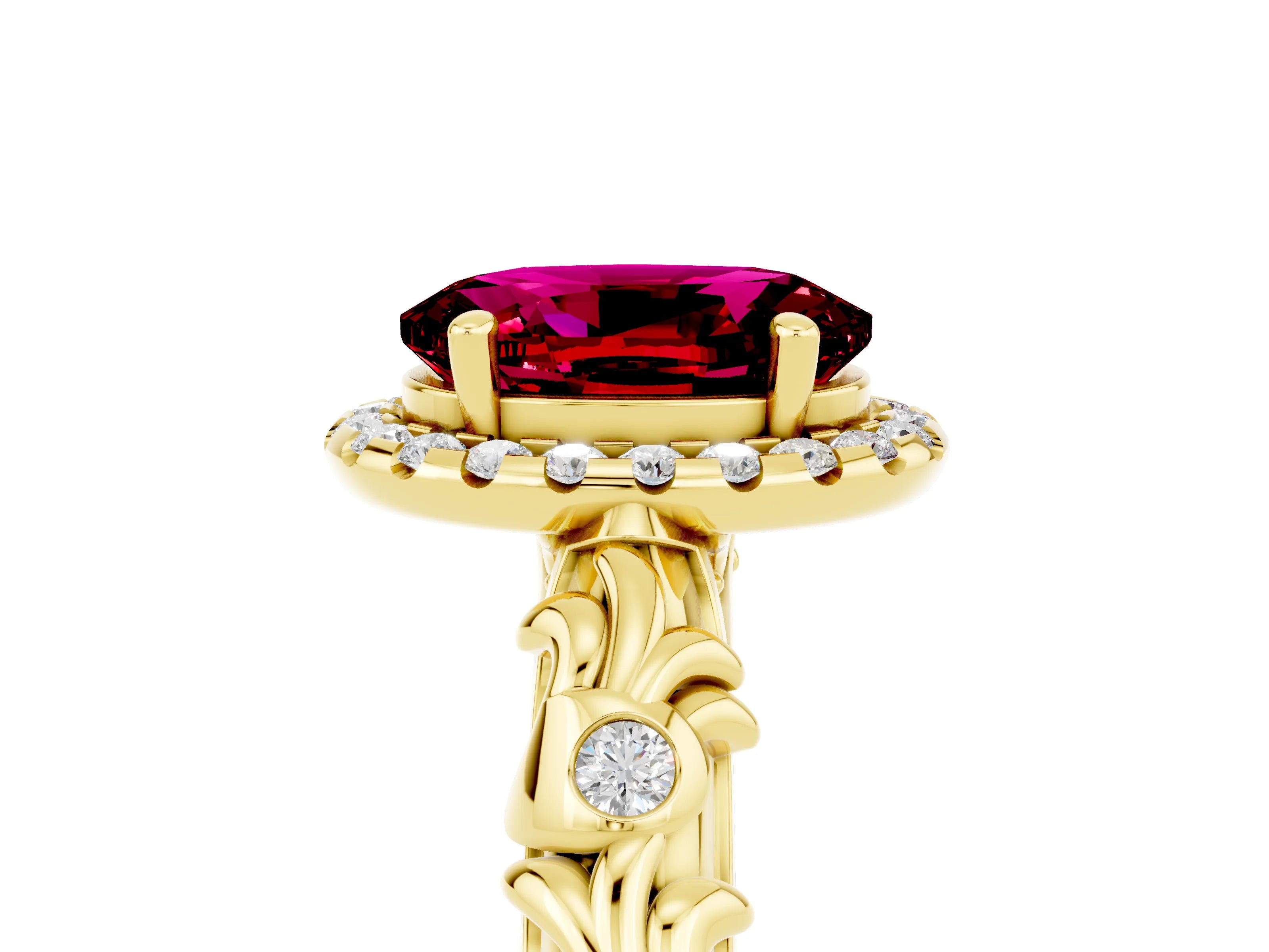 Yellow gold Oval Cut Halo Diamond Solitaire with Filigree Band and Four-Prong Setting_5