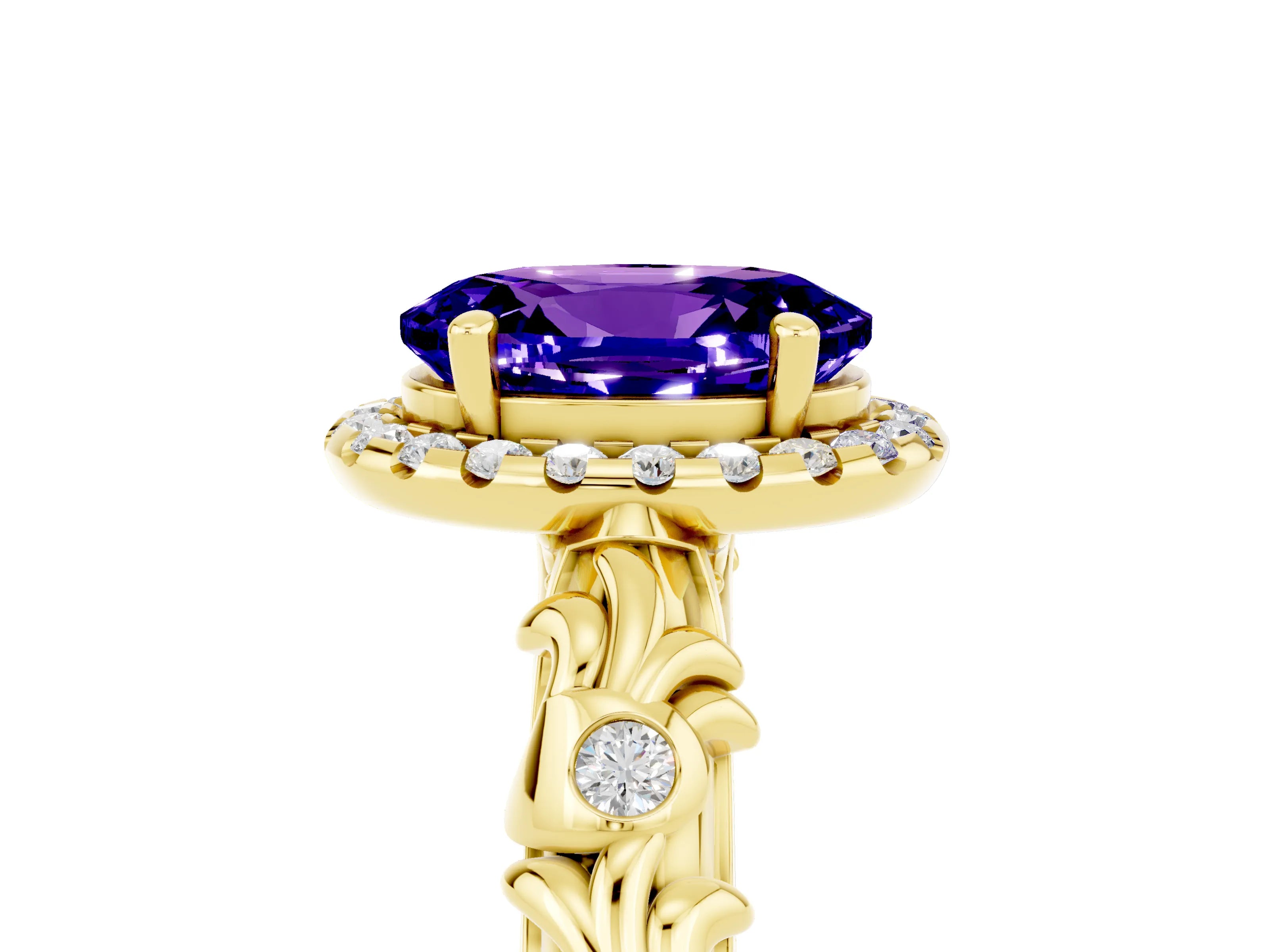 Yellow gold Oval Cut Halo Diamond Solitaire with Filigree Band and Four-Prong Setting_5