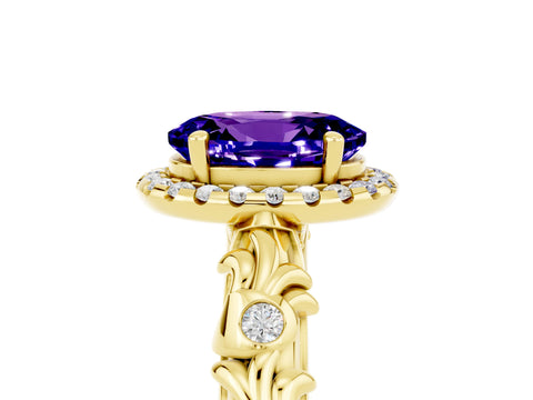 Yellow gold Oval Cut Halo Diamond Solitaire with Filigree Band and Four-Prong Setting_5