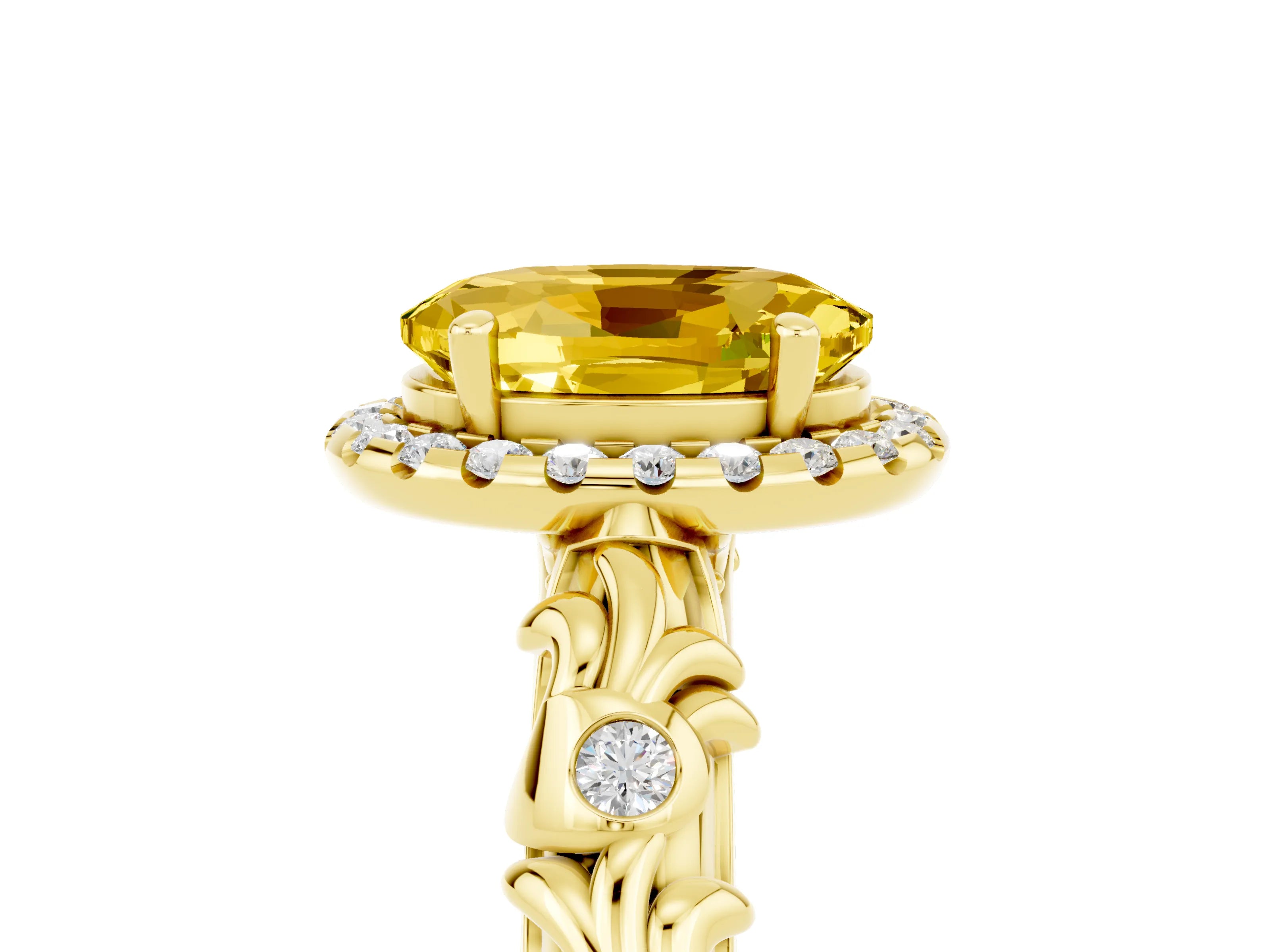 Yellow gold Oval Cut Halo Diamond Solitaire with Filigree Band and Four-Prong Setting_5