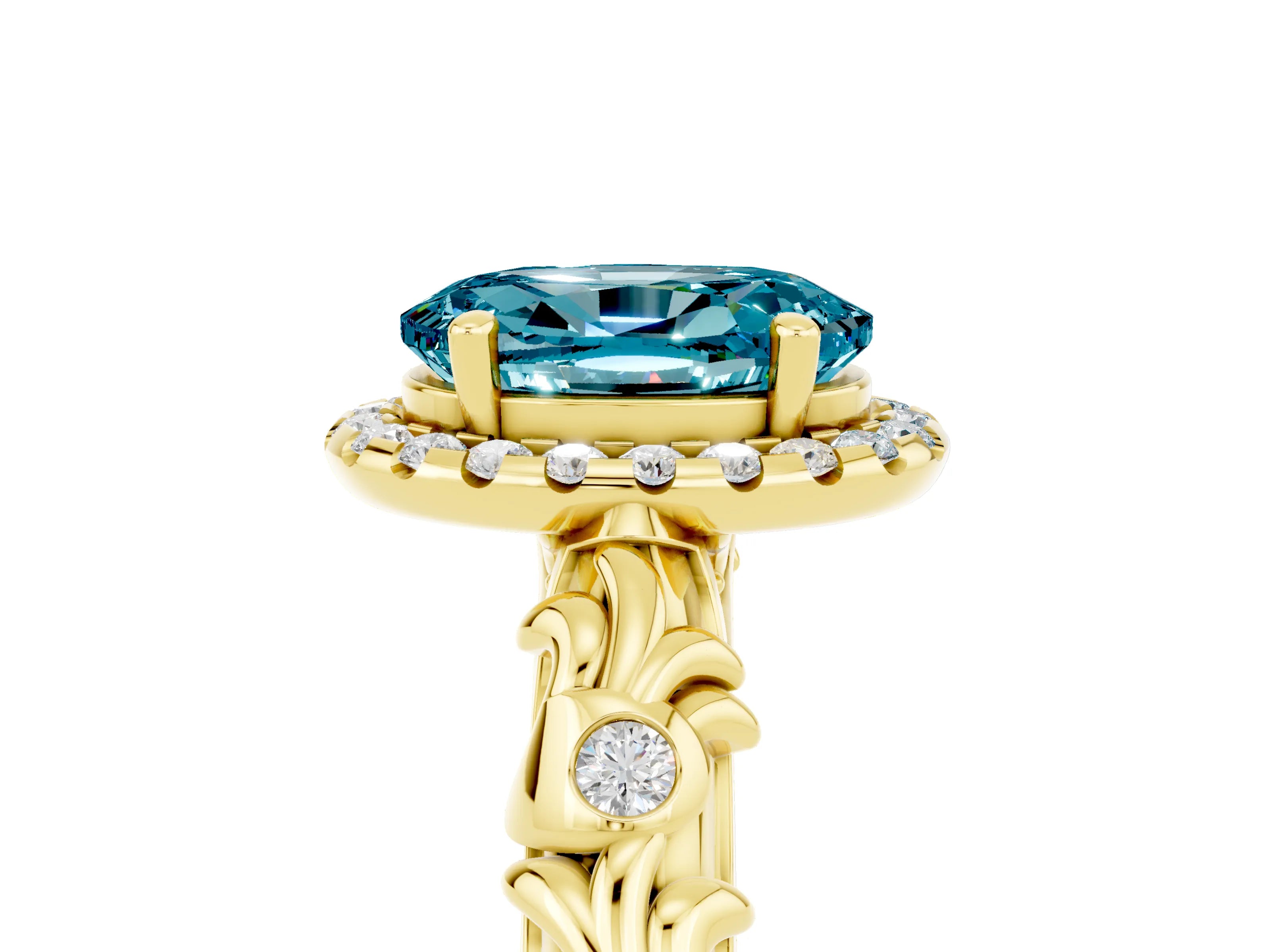 Yellow gold Oval Cut Halo Diamond Solitaire with Filigree Band and Four-Prong Setting_5