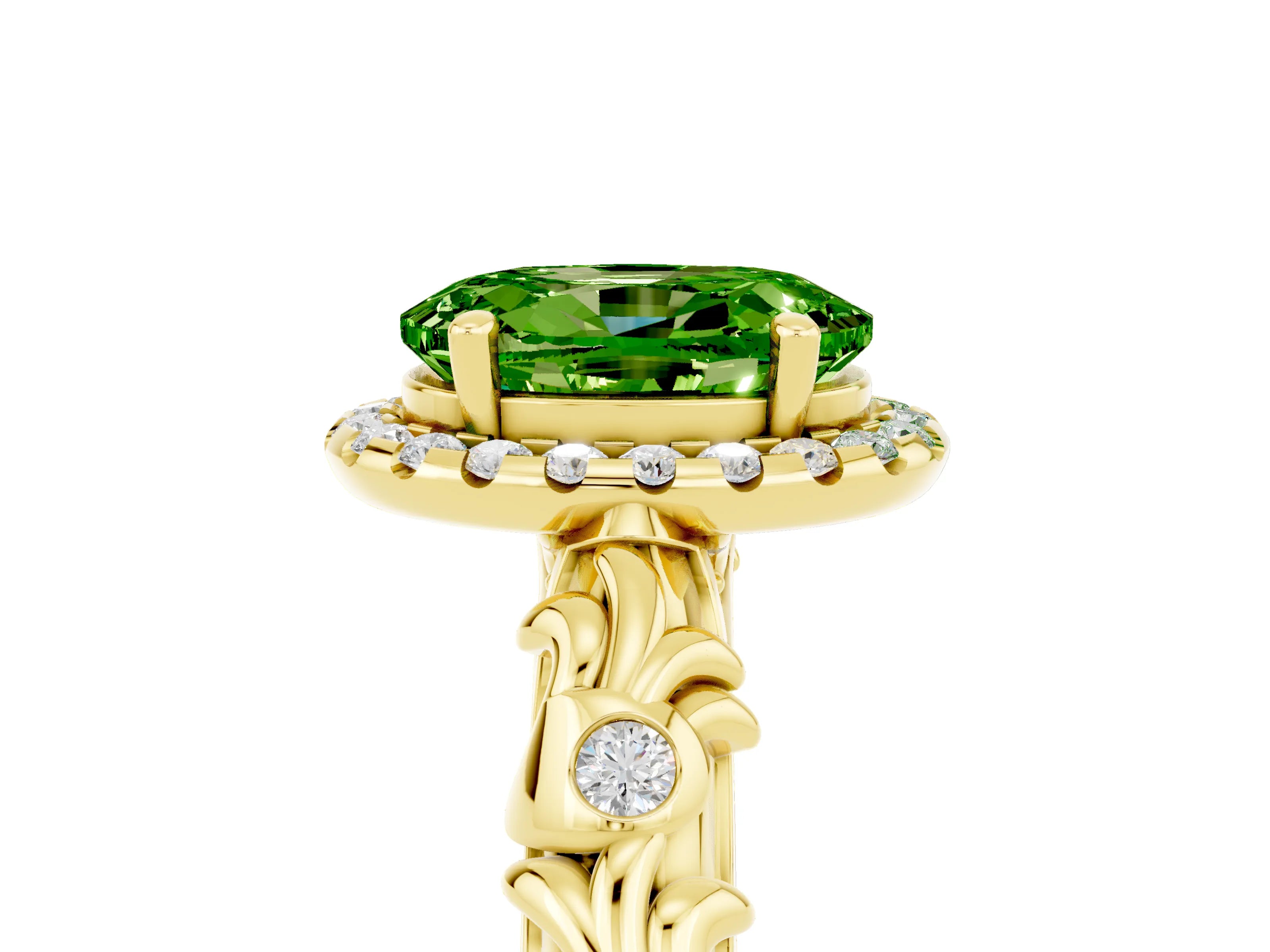 Yellow gold Oval Cut Halo Diamond Solitaire with Filigree Band and Four-Prong Setting_5