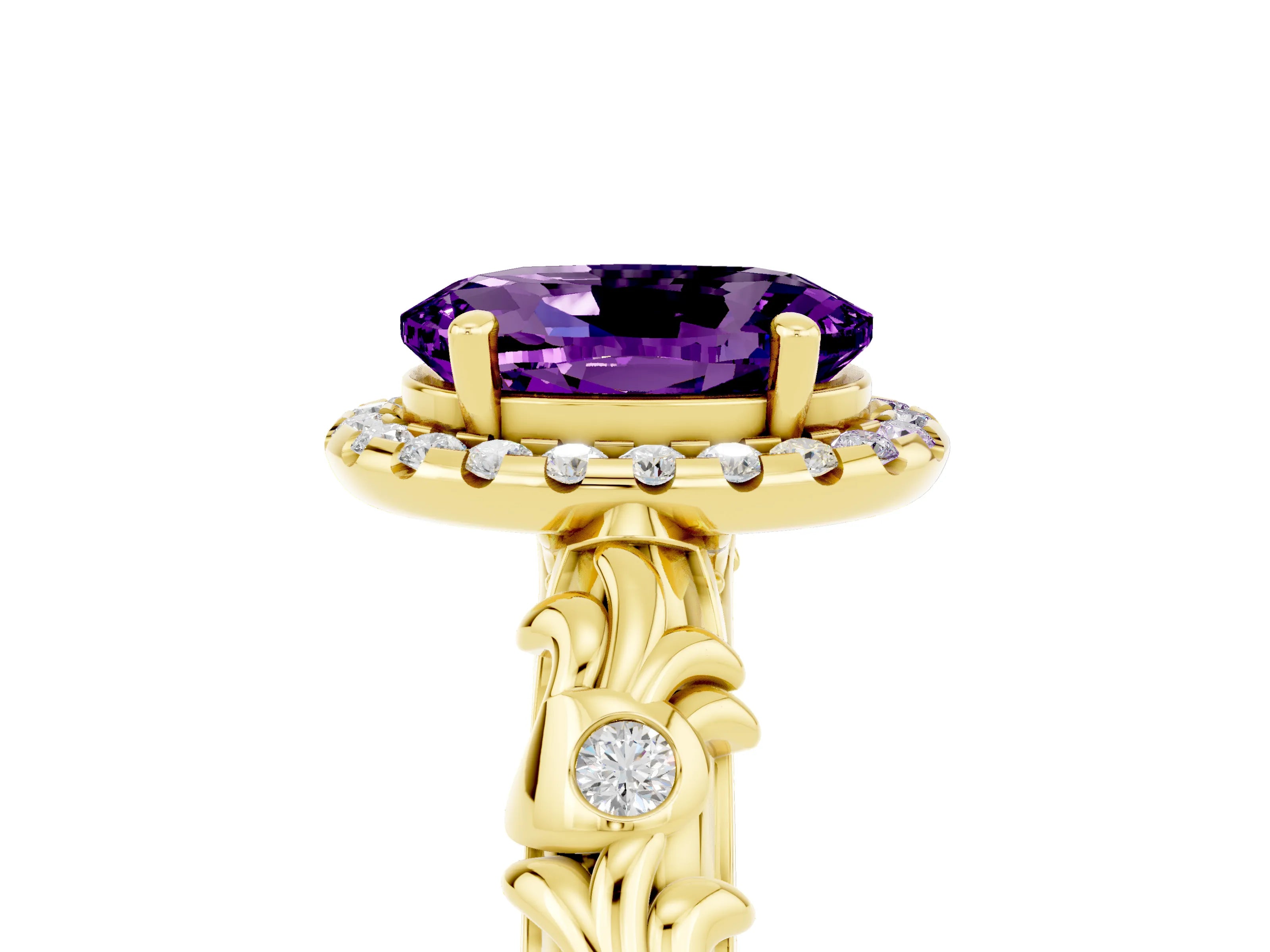 Yellow gold Oval Cut Halo Diamond Solitaire with Filigree Band and Four-Prong Setting_5