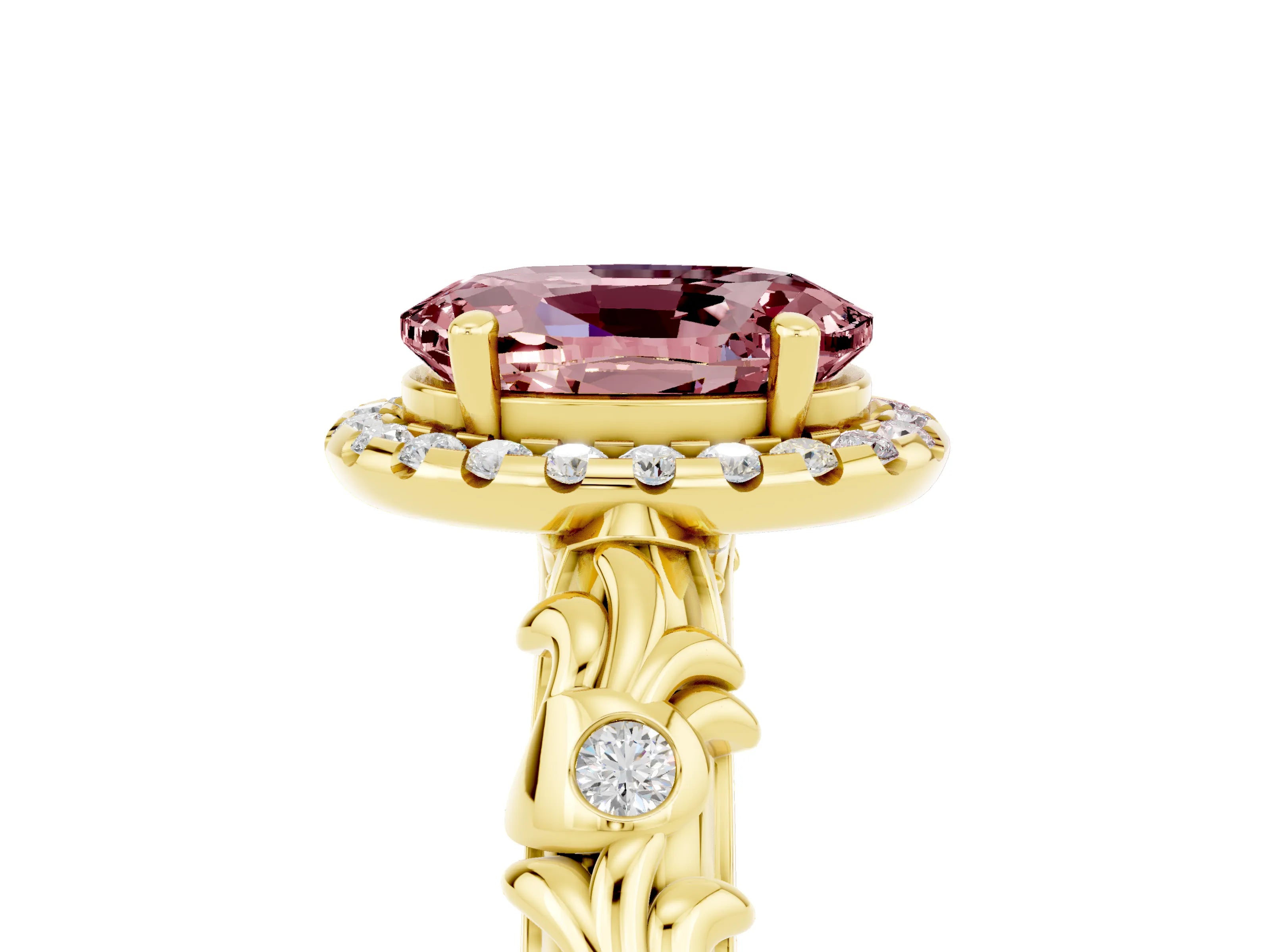 Yellow gold Oval Cut Halo Diamond Solitaire with Filigree Band and Four-Prong Setting_5