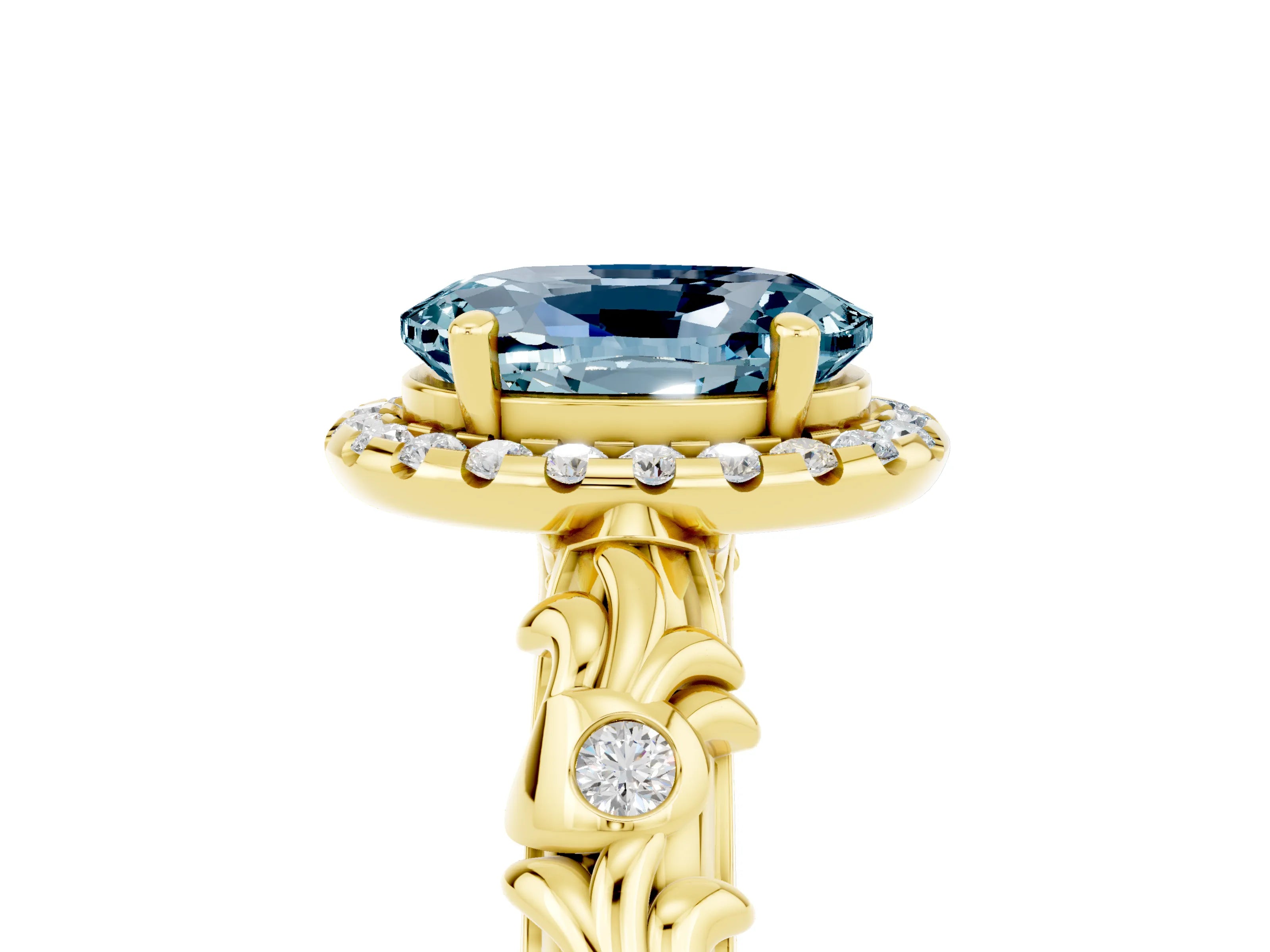 Yellow gold Oval Cut Halo Diamond Solitaire with Filigree Band and Four-Prong Setting_5