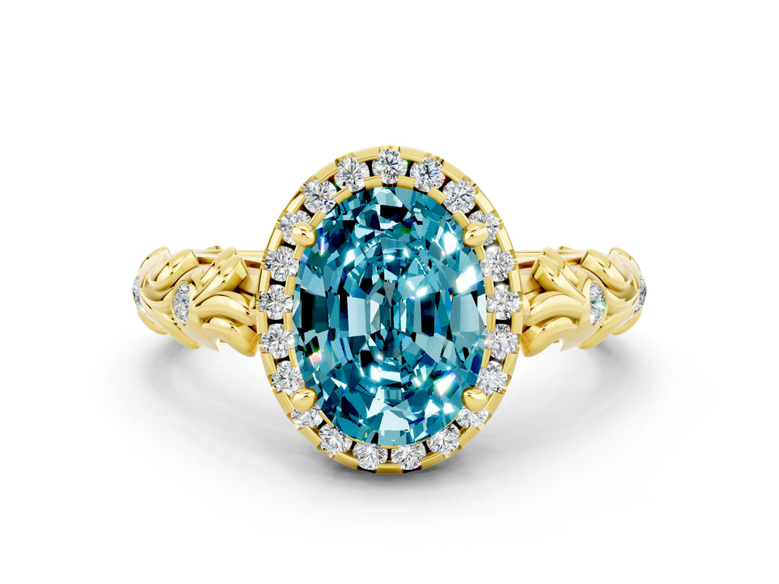 Yellow gold Oval Cut Halo Diamond Solitaire with Filigree Band and Four-Prong Setting