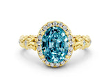 Yellow gold Oval Cut Halo Diamond Solitaire with Filigree Band and Four-Prong Setting