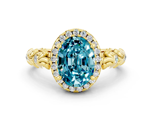 Yellow gold Oval Cut Halo Diamond Solitaire with Filigree Band and Four-Prong Setting
