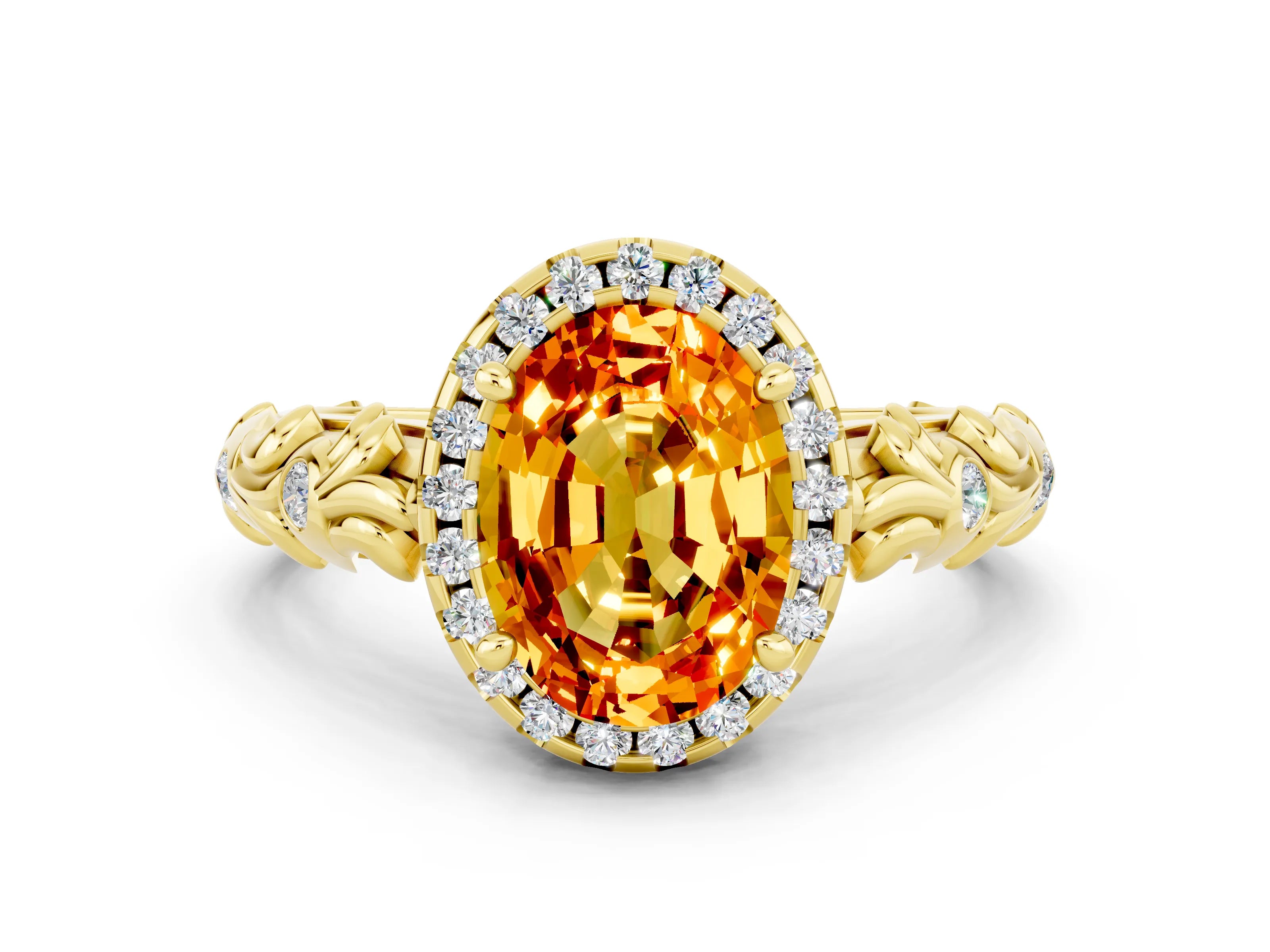 Yellow gold Oval Cut Halo Diamond Solitaire with Filigree Band and Four-Prong Setting
