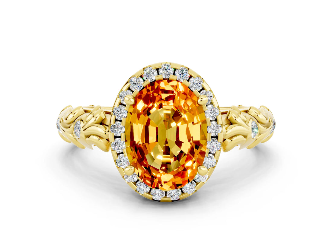 Yellow gold Oval Cut Halo Diamond Solitaire with Filigree Band and Four-Prong Setting
