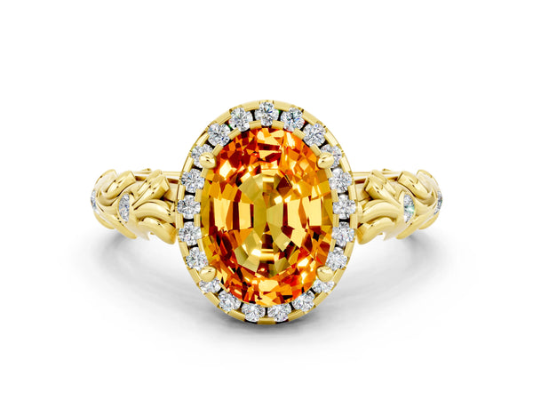 Yellow gold Oval Cut Citrine Halo Ring with Filigree Band and Prong Setting
