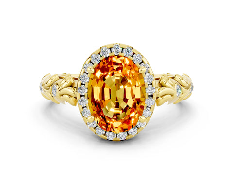 Yellow gold Oval Cut Halo Diamond Solitaire with Filigree Band and Four-Prong Setting
