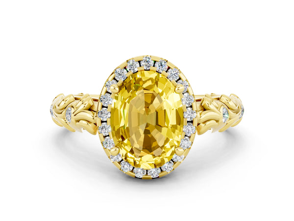 Yellow gold Oval Cut Yellow Sapphire Halo Ring with Filigree Band and Prong Setting