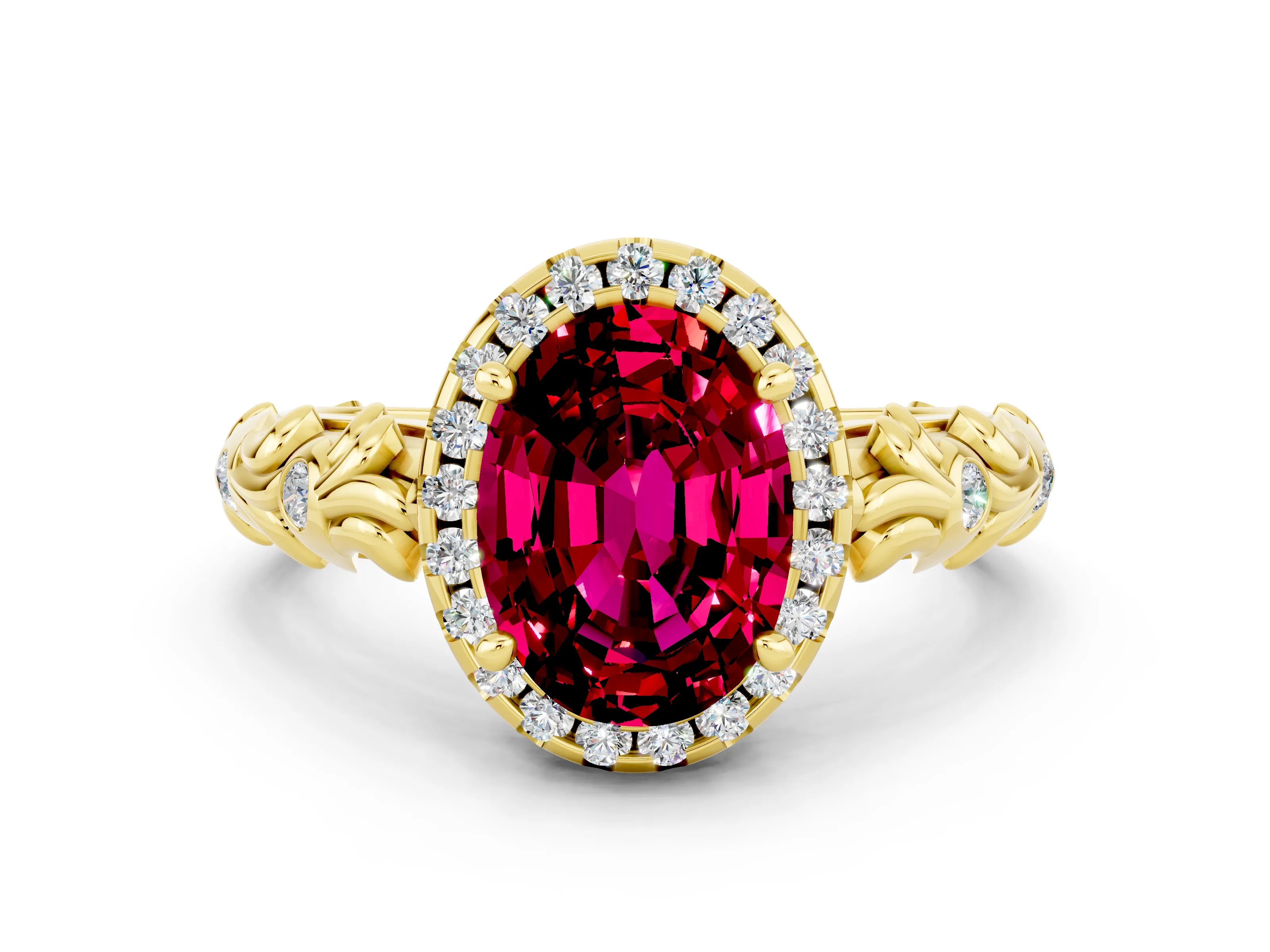 Yellow gold Oval Cut Halo Diamond Solitaire with Filigree Band and Four-Prong Setting