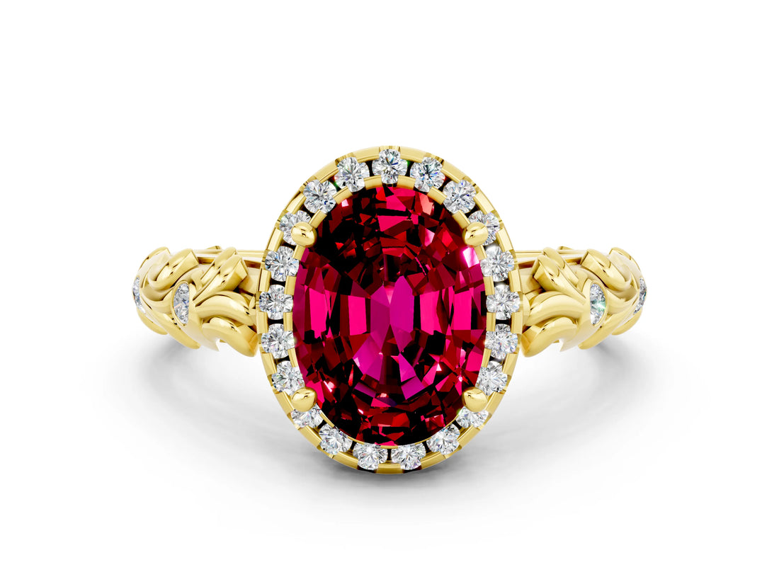 Yellow gold Oval Cut Halo Diamond Solitaire with Filigree Band and Four-Prong Setting