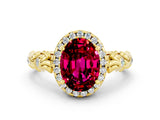 Yellow gold Oval Cut Halo Diamond Solitaire with Filigree Band and Four-Prong Setting