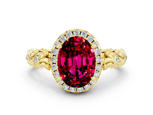Yellow gold Oval Cut Garnet Halo Ring with Filigree Band and Prong Setting